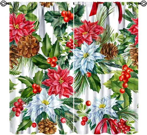Vista 18 de Cortinas de Navidad de gnomo, bolas de árbol de Navidad, luces, regalos, decoración de tablones para sala de estar, dormitorio, bolsillo para barra