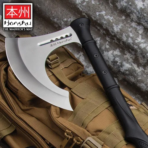 Vista 7 de HONSHU Karito - Hacha de batalla con funda de cuero, hoja de acero inoxidable 7Cr13, mango de nailon moldeado por inyección resistente a