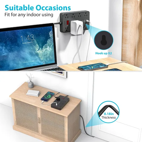 Vista 2 de Cable de extensión plano con protector de sobretensiones, tira de alimentación de enchufe plano, 8 tomas de corriente ampliamente espaciadas y 6