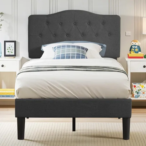Vista 12 de VECELO - Base de cama tapizada con plataforma individual con cabecera ajustable de panel cosido con botones, fuerte soporte de listones de madera