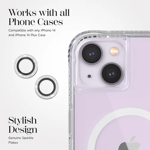 Vista 5 de Case-Mate Protector de lente de cámara para iPhone 14 Plus/iPhone 14 con anillos brillantes, doble vidrio templado, duradero, antiarañazos, visión