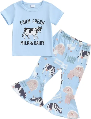 Vista 15 de fhutpw Conjunto de camiseta de manga corta con estampado de vaca y pantalones acampanados de dibujos animados para niñas