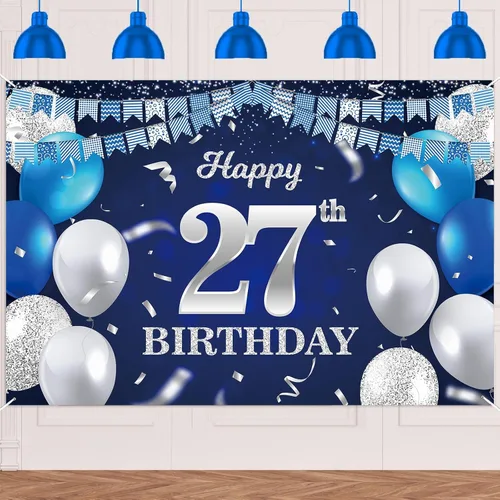 Vista 65 de Bandera de feliz primer cumpleaños con fondo azul marino, globos, confeti, bandera de rayas, luces de puntos, felicitaciones por el tema de 1 año