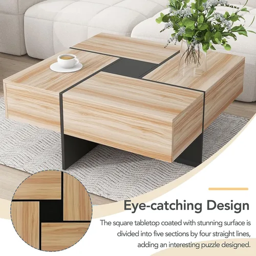 Vista 4 de DHAEY Mesa de centro cuadrada con 4 compartimentos de almacenamiento ocultos, mesa central con mesa deslizante extensible, mesa de cóctel, mesa