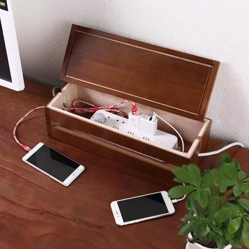 Vista 2 de Caja de almacenamiento de gestión de cables de madera, organizador de cables, funda para ocultar cables, cubierta de almacenamiento de cargador