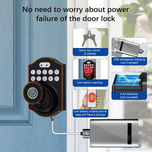 Vista 14 de Cerradura inteligente de puerta de huellas dactilares, cerrojo de entrada sin llave con teclado electrónico, control de aplicación Bluetooth