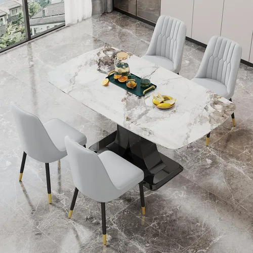 Vista 9 de Moderno juego de mesa de comedor para 4, mesa de vidrio de 63 pulgadas y base de MDF, mesa de comedor de mármol sintético negro con 4 sillas Mesa