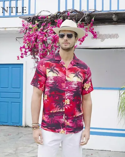Vista 2 de Alimens & Gentle - Camisa de algodón estilo hawaiano para hombre, casual, de manga corta, ajuste regular