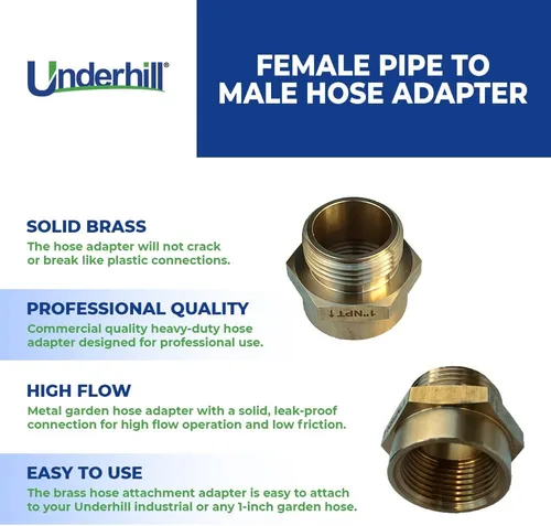 Vista 3 de Underhill Conector de manguera de jardín Accesorios de latón macizo Adaptador de manguera hembra a macho, rosca hembra de 1 pulgada x rosca