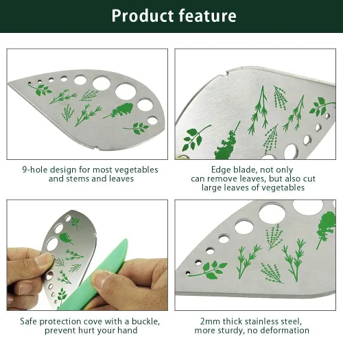 Vista 3 de Pelador de hierbas de hojas con 9 agujeros, removedor de hojas de acero inoxidable, herramienta de cocina con soporte protector, herramienta