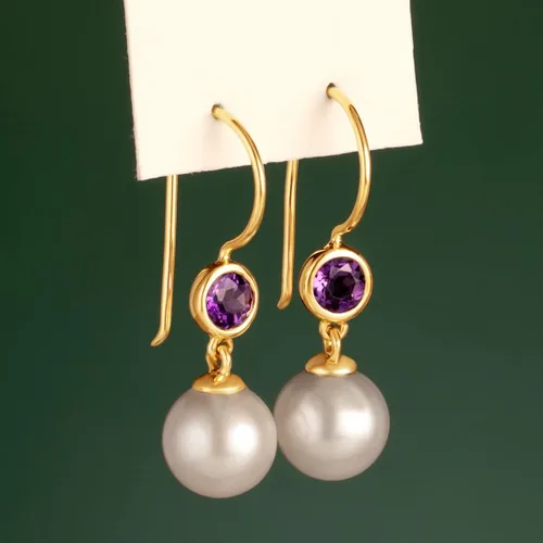 Vista 3 de Peora Aretes colgantes de oro amarillo de 14 quilates, perlas blancas cultivadas en agua dulce de 0.315 in y amatista genuina para mujer, piedra