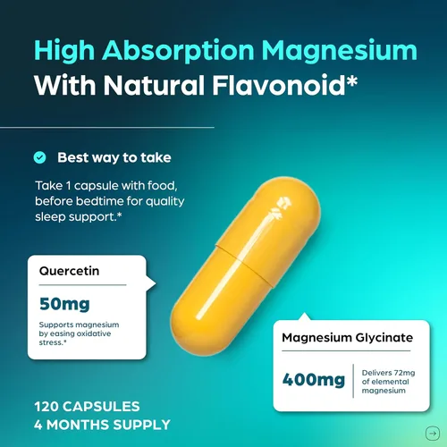 Vista 3 de Cápsulas de glicinato de magnesio 400 mg con quercetina, sueño de calidad, relajación, salud muscular y ósea y apoyo inmunológico, para hombres