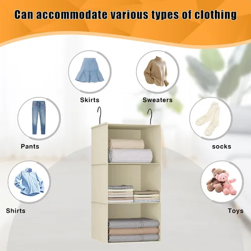 Vista 7 de Organizador colgante para armario y almacenamiento con 3 estantes, estantes colgantes plegables de montaje fácil para guardar ropa, bolsos, zapatos