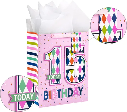 Vista 8 de Loveinside Bolsa de regalo de cumpleaños rosa con papel de seda, etiqueta de regalo y tarjeta de felicitación para niñas, fiestas y más, 10 x 5 x 13