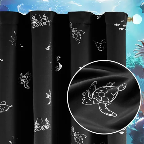 Vista 14 de Vangao - Cortinas para niños con impresión de dinosaurio en negro, cortinas opacas para guardería, habitación de niñas y niños, estampado plateado