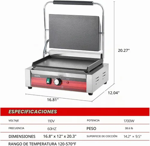 Vista 5 de EGGKITPO Parrilla Panini eléctrica comercial con placas planas, sandwichera de acero inoxidable, 14 x 9.5 pulgadas, placa esmaltada de hierro