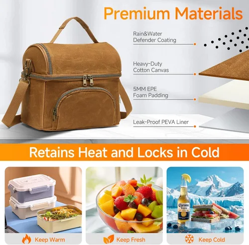 Vista 2 de Lunch Box with Ice Packs, Waxed Canvas Lunch Bag for Men, 10.5L Leakproof Insulated Lunch Cooler for Men Work, Dual Compartment Soft Cooler for