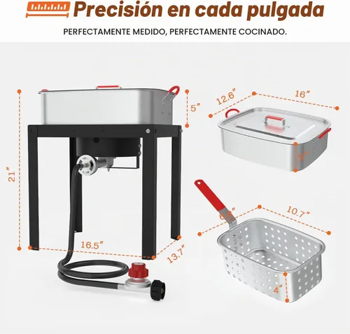 Vista 3 de Freidora de propano de 18 cuartos Freidora de pescado para exteriores con 2 cestas, pinzas, tapa, tapa y termómetro Freidora de aluminio