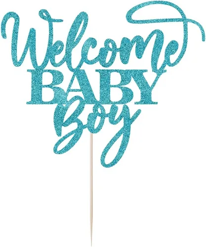 Vista 8 de Kaoenla Decoración para pastel de bienvenida de bebé niño con purpurina azul, decoración de fiesta de revelación de género para recién nacidos