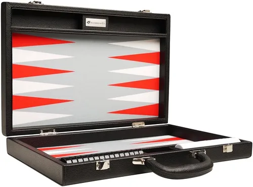 Vista 8 de Juego de Backgammon Premium de 16 pulgadas, tamaño mediano, tablero negro, puntos blancos y rojos escarlata