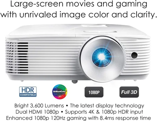 Vista 2 de Optoma Proyector de cine en casa HD28HDR 1080p para juegos y películas Soporte para entrada 4K Compatible con HDR Frecuencia de actualización
