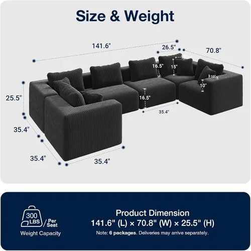 Vista 2 de Avenco Sofá seccional modular de 6 asientos de 141 pulgadas, tela de pana Negro