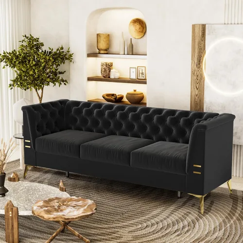 Vista 9 de Sofá de terciopelo beige moderno Mid-Century con patas de metal dorado, sofás Chesterfield de 3 plazas para sala de estar, dormitorio, apartamento