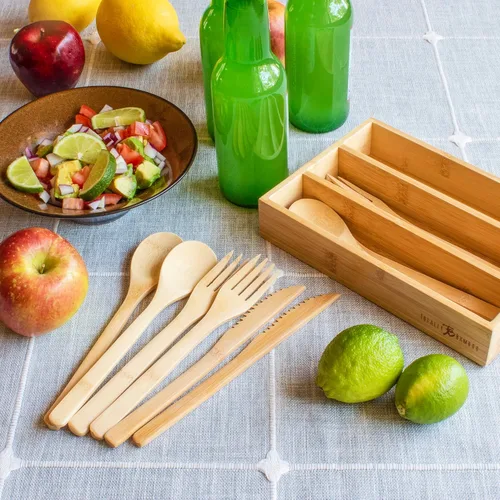 Vista 2 de Totally Bamboo Juego de cubiertos de bambú reutilizables de 12 piezas con estuche de almacenamiento portátil, apto para lavavajillas