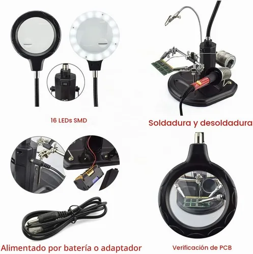 Vista 3 de Estación de lupa con luz LED para manos libres - FEITA 2.5X/4X Soporte de lupa iluminado con base pesada y abrazadera auxiliar con pinzas
