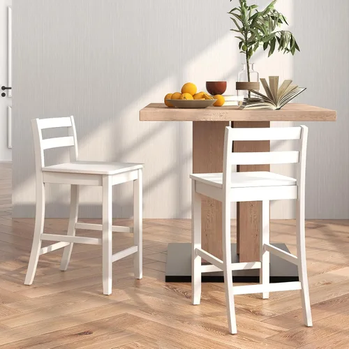Vista 2 de COSTWAY Juego de 2 taburetes de bar de madera, taburetes de altura de mostrador de 24 pulgadas con respaldo ergonómico y reposapiés, sillas de Blanco