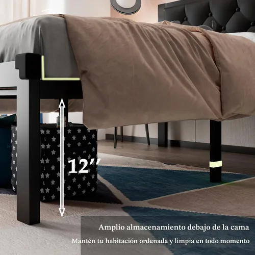 Vista 6 de Feonase Marco de cama de metal tamaño doble con cabecera capitoné de cuero sintético con botones, marco de cama tipo plataforma resistente