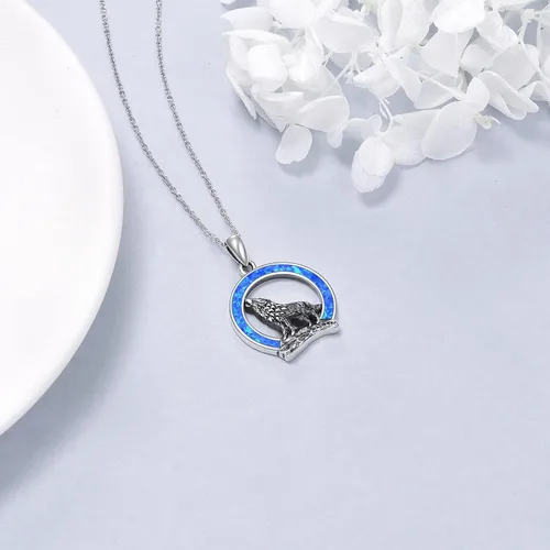 Vista 3 de YFN Collar de lobo, regalo para hombres y mujeres, plata de ley, ópalo y luna lobo, joyería de cumpleaños para amantes del lobo, 18+2 pulgadas