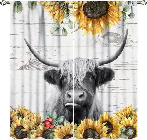 Vista 10 de Cortinas de vaca de animales de granja, ventana con estampado de girasol y vida silvestre del oeste para dormitorio, bolsillo para barra de madera