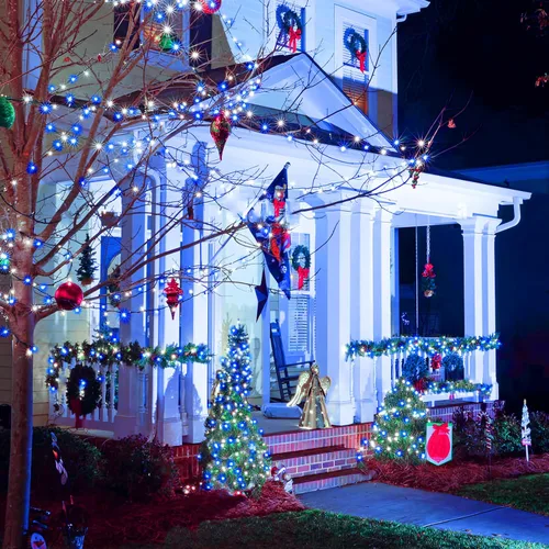 Vista 7 de JMEXSUSS Guirnalda de luces de Navidad de 200 LED azules y blancas, 66 pies, de exterior, expansible, para árbol, fiesta o decoración de hogar