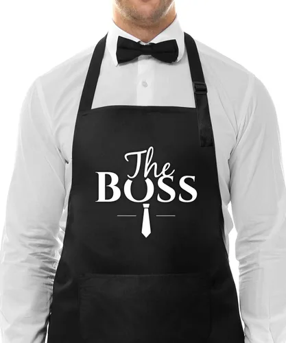 Vista 2 de Delantales para parejas para cocinar: juego de delantales de The Boss The Real Boss, divertidos delantales ajustables para hornear para él y ella
