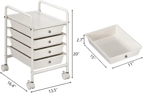 Vista 3 de Carrito de servicio de 4 niveles con 4 cajones, carrito rodante de servicio con 2 ruedas giratorias con candado, cajón rodante móvil multiusos