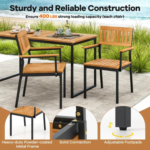 Vista 7 de Tangkula Juego de comedor al aire libre de 7 piezas para 6, mesa de comedor rectangular de madera de acacia y 6 sillones con marco de metal, agujero