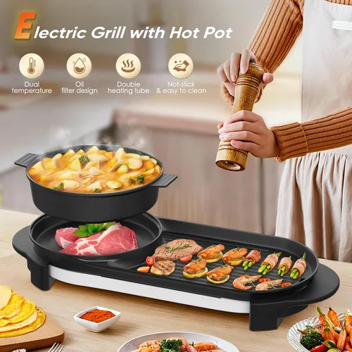 Vista 4 de Olla caliente eléctrica 2 en 1 sin humo con parrilla, olla caliente extraíble de 2200W, combo de barbacoa coreana y Shabu para interior, sartén