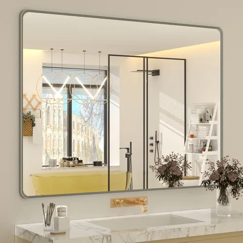 Vista 42 de OKPAL - Espejo de tocador de baño de 20x24 pulgadas con marco de metal cepillado en bronce, espejo de baño con marco de metal cepillado en bronce