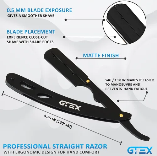 Vista 7 de 2 maquinillas de afeitar rectas para hombres (azul negro), 100 cuchillas GTEX de primera calidad (acero japonés) – Paquete de 2 maquinillas