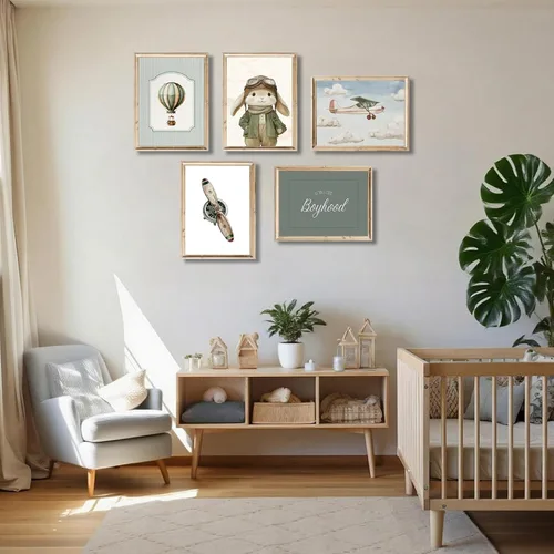 Vista 3 de ONEOLTN Arte de Pared en Lienzo Vintage de Conejito Piloto para Guardería Imágenes Temáticas de Aventura Habitación de Bebé Niño Póster de Avión