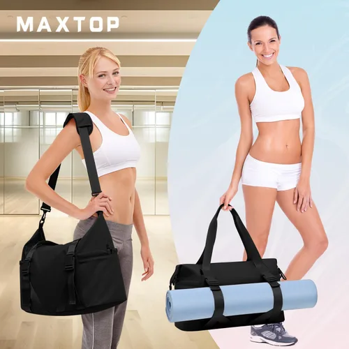 Vista 9 de MAXTOP Bolsa de gimnasio grande para hombres y mujeres con compartimento para zapatos, separación húmeda y seca, bolsa de lona negra para viajes