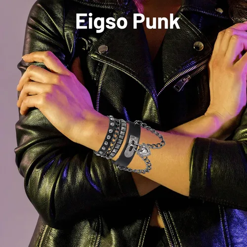 Vista 6 de Grevosea Pulsera de remache, pulsera punk de cuero con colgante de corazón multicapa, brazalete negro ajustable con remaches para deportes de roca