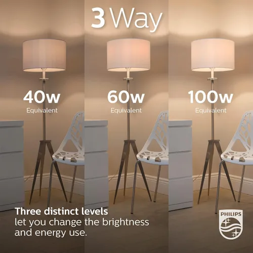 Vista 3 de PHILIPS LED 150-100-50W A21 paquete de 1 bombilla blanca suave de 3 vías (2700K) 2150-1600-620 lúmenes (18.5-13-6W = 150-100-50W) esmerilada sin