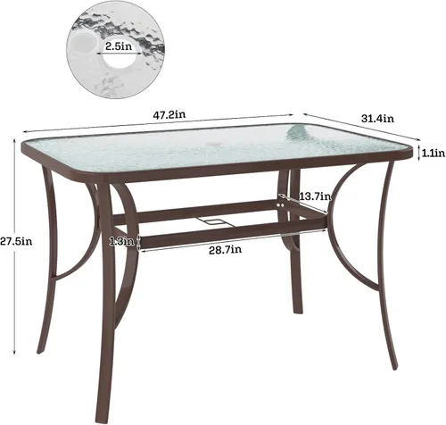 Vista 3 de soges Mesa de café bistró de 47 pulgadas para patio al aire libre, mesa de comedor rectangular con marco de acero templado con agujero