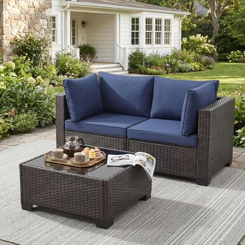Vista 29 de ANJ Juego de muebles de mimbre para patio de 3 piezas, sofá modular de dos plazas con mesa de centro de cristal, juego de sofá de conversación