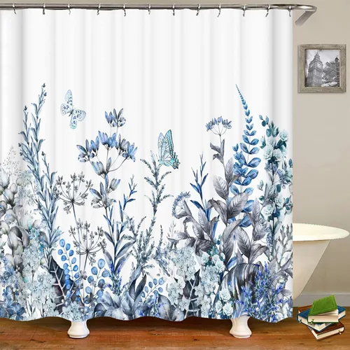 Vista 4 de Cortina de ducha floral, juego de cortina de ducha con flores azules, cortinas de ducha botánicas de flores silvestres para baño, tela impermeable
