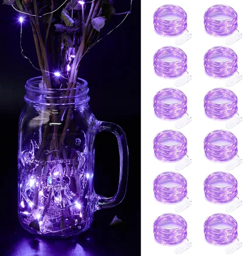 Vista 10 de Paquete de 12 luces de hadas que funcionan con pilas, 7 pies, 20 luces LED de alambre plateado