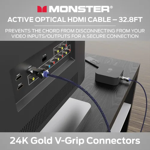 Vista 6 de Monster Cable óptico activo de la serie M con certificación Lightwave HDMI de 2.1-48 Gbps con conector de extrusión de aluminio, V-Grip, funda