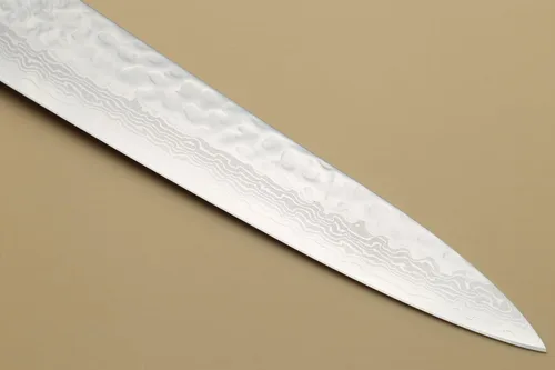 Vista 6 de Yoshihiro VG10 46 Capas Damasco Martillado Sujihiki Cuchillo Rebanador Japonés (9.5" (240mm) Mango de Palisandro) Mango de palisandro con cojín